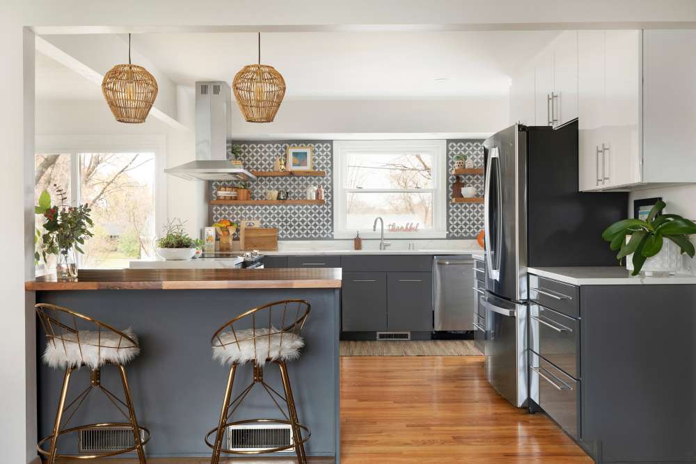 grey kitchen cabinets with quartz countertops