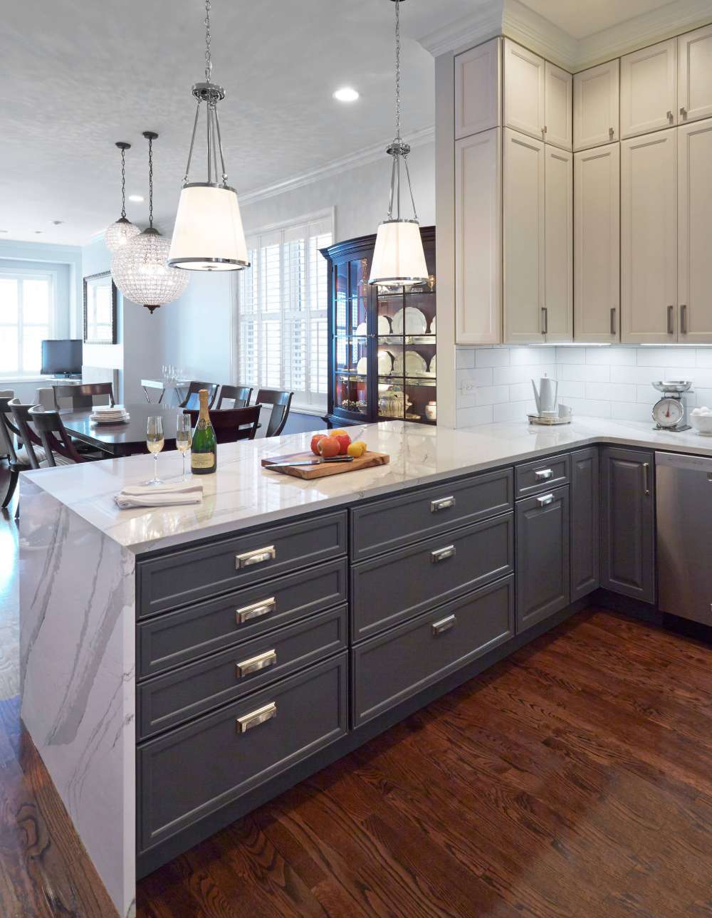 grey kitchen cabinets with quartz countertops