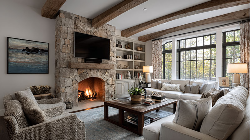 What Ceiling and Trim Colors Pair With Stone Fireplace Rooms