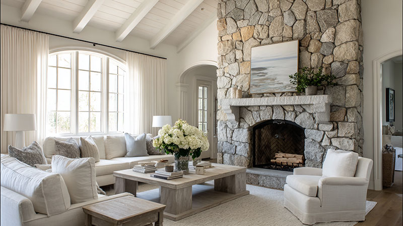 White and Off-White Paint Colors for Gray Stone Fireplaces